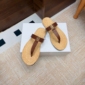 YSL 26S THONG SLIDES IN BEIGE RAFFIA AND BROWN CALFSKIN