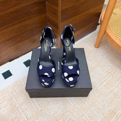 YSL 26S HEEL SANDALS 125 MM IN NAVY BLUE & WHITE POLKA-DOT SATIN