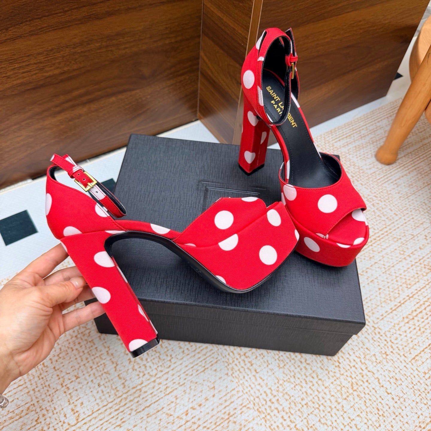 YSL 26S HEEL SANDALS 125 MM IN RED & WHITE POLKA-DOT SATIN