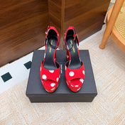 YSL 26S HEEL SANDALS 125 MM IN RED & WHITE POLKA-DOT SATIN