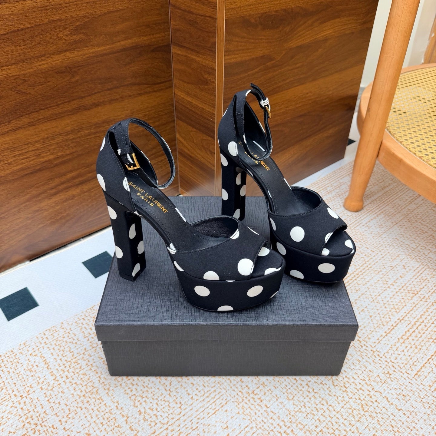 YSL 26S HEEL SANDALS 125 MM IN BLACK & WHITE POLKA-DOT SATIN