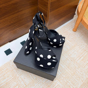 YSL 26S HEEL SANDALS 125 MM IN BLACK & WHITE POLKA-DOT SATIN