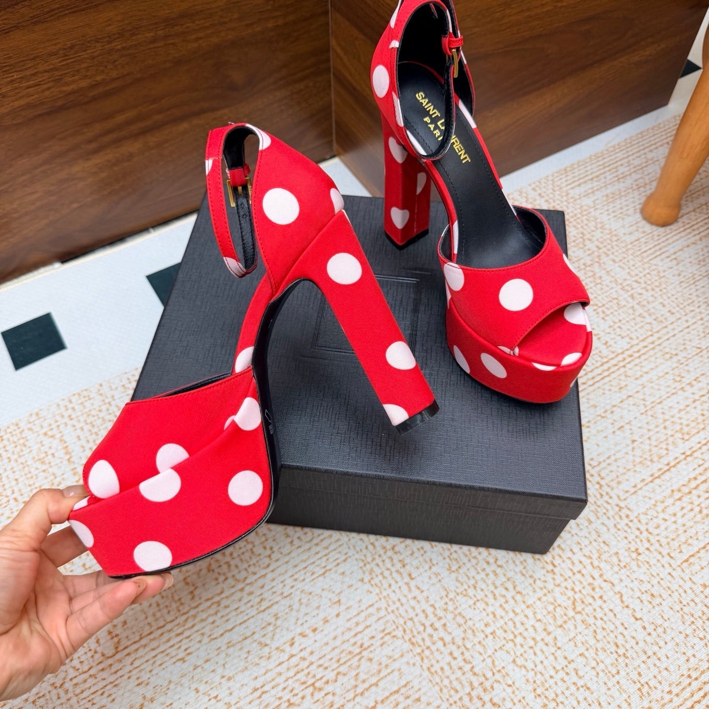YSL 26S HEEL SANDALS 125 MM IN RED & WHITE POLKA-DOT SATIN
