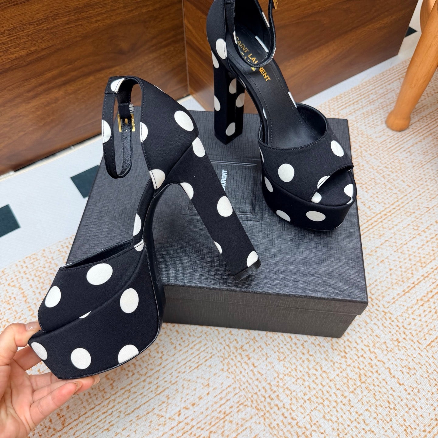 YSL 26S HEEL SANDALS 125 MM IN BLACK & WHITE POLKA-DOT SATIN