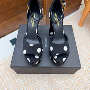 YSL 26S HEEL SANDALS 125 MM IN BLACK & WHITE POLKA-DOT SATIN