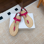 YSL 26S THONG SANDALS IN BEIGE RAFFIA AND PINK GLOSSY CALFSKIN