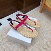 YSL 26S THONG SANDALS IN BEIGE RAFFIA AND PINK GLOSSY CALFSKIN
