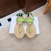YSL 26S THONG SANDALS IN BEIGE RAFFIA AND LIGHT GREEN GLOSSY CALFSKIN