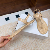 YSL 26S THONG SANDALS IN BEIGE RAFFIA AND GLOSSY CALFSKIN