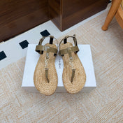 YSL 26S THONG SANDALS IN BEIGE RAFFIA AND KHAKI GREEN GLOSSY CALFSKIN