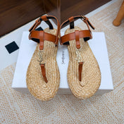 YSL 26S THONG SANDALS IN BEIGE RAFFIA AND COGNAC BROWN CALFSKIN