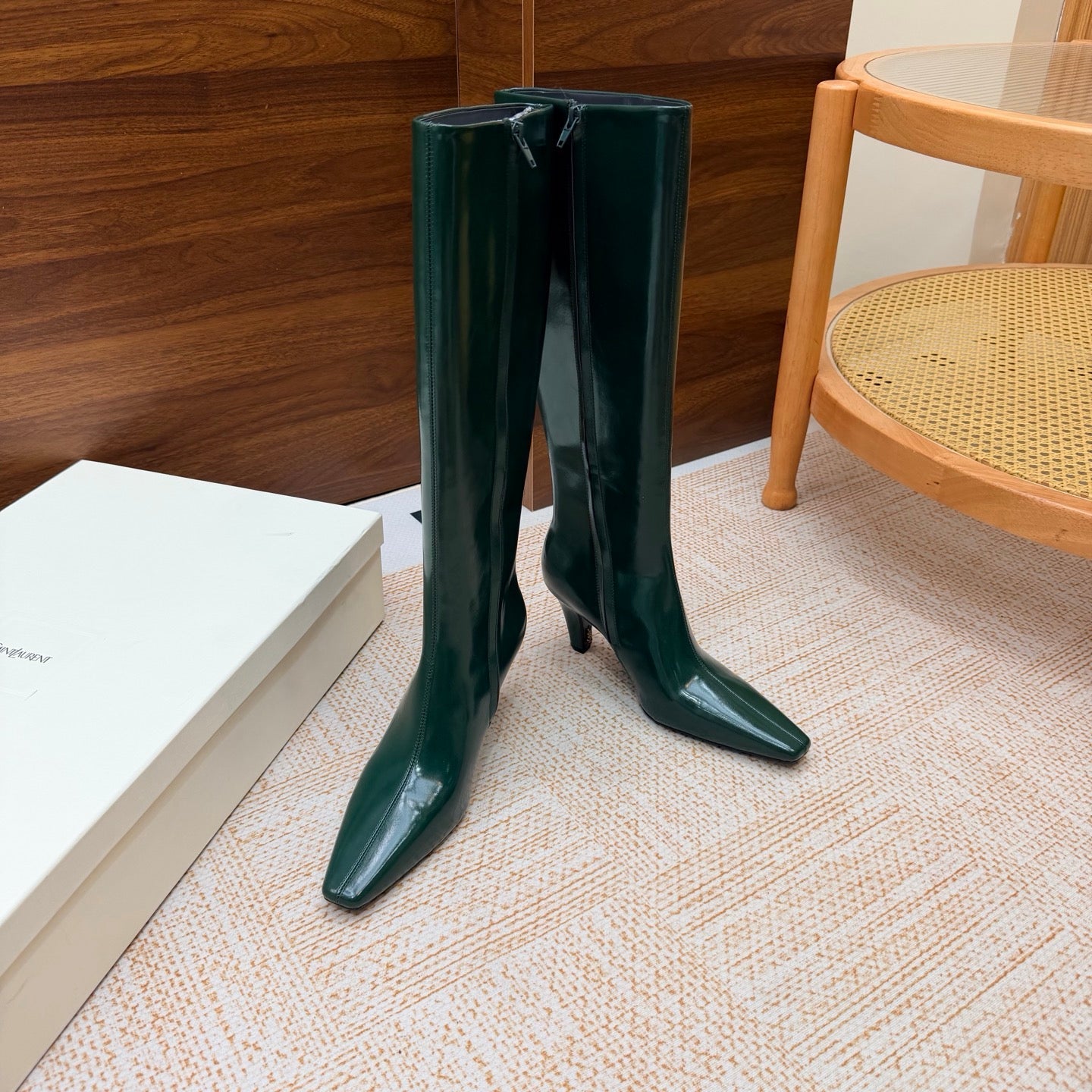 YSL 26S KNEE-HIGH BOOTS 70 MM IN DARK GREEN SHINY CALFSKIN