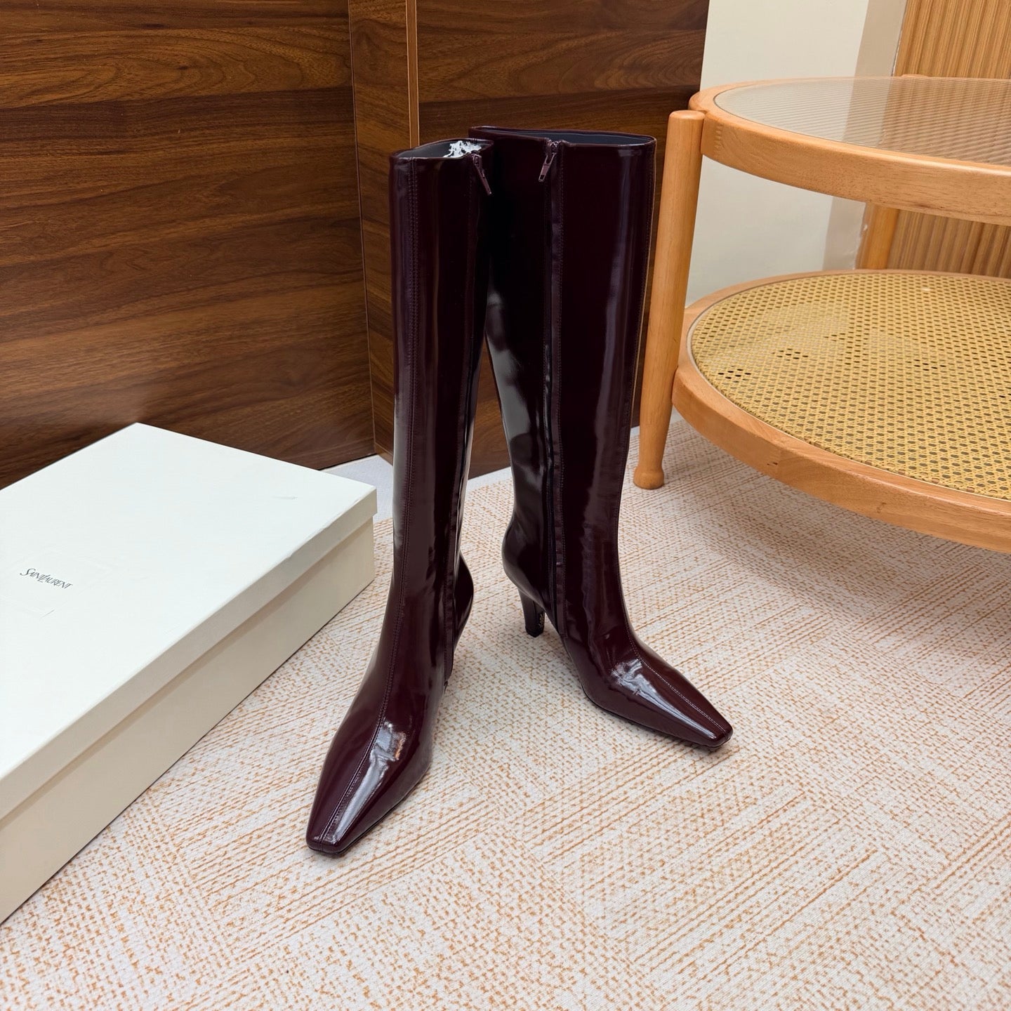 YSL 26S KNEE-HIGH BOOTS 70 MM IN WINE RED SHINY CALFSKIN