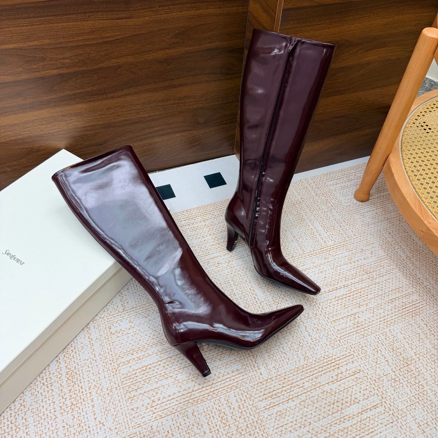 YSL 26S KNEE-HIGH BOOTS 70 MM IN WINE RED SHINY CALFSKIN