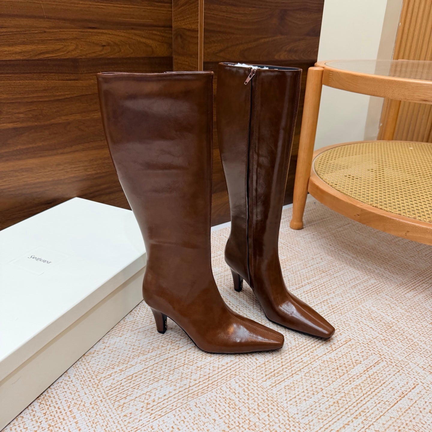 YSL 26S KNEE-HIGH BOOTS 70 MM IN BROWN SHINY CALFSKIN
