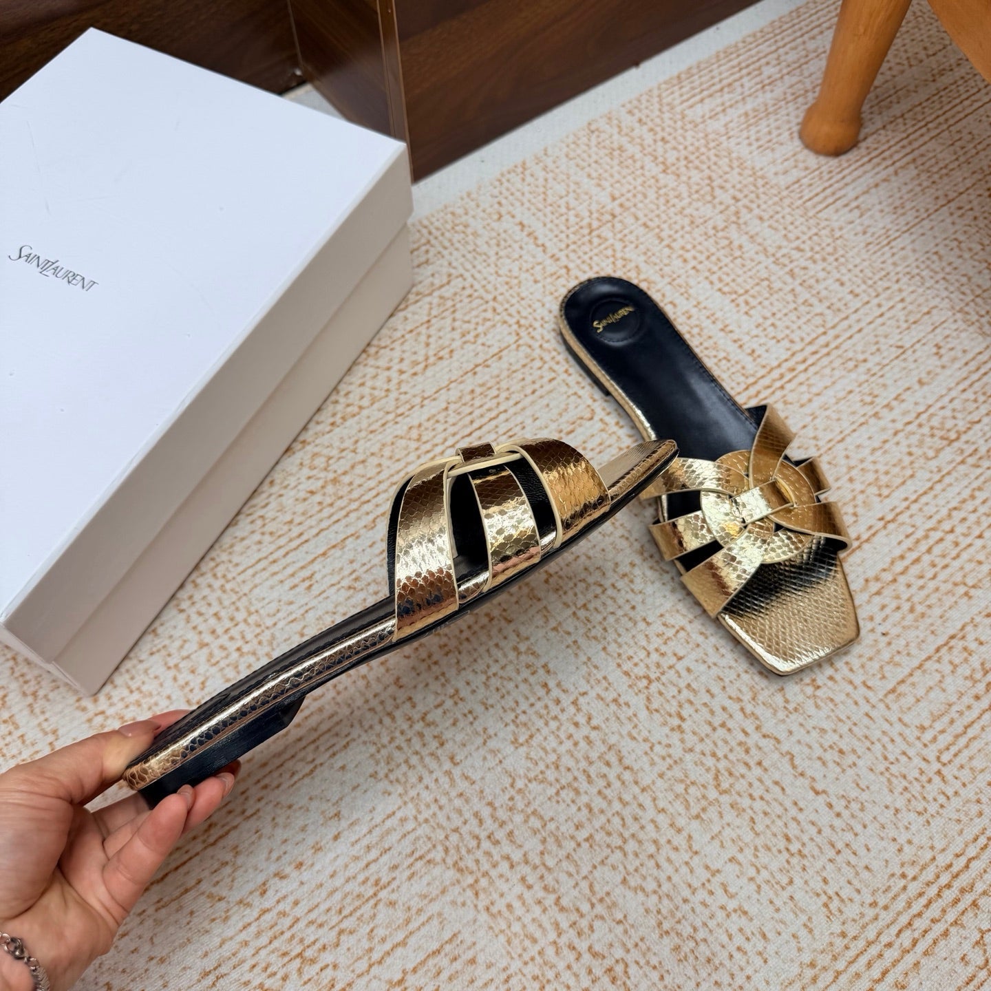 YSL 26S FLAT MULE SANDALS IN GOLD SNAKESKIN