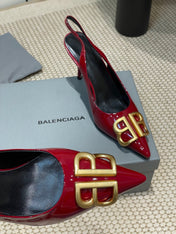 POINTED BB GOLD BUCKLE HIGH SLINGBACK 80MM IN RED PATENT CALFSKIN