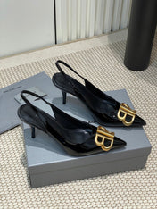 POINTED BB GOLD BUCKLE HIGH SLINGBACK 80MM IN BLACK PATENT CALFSKIN