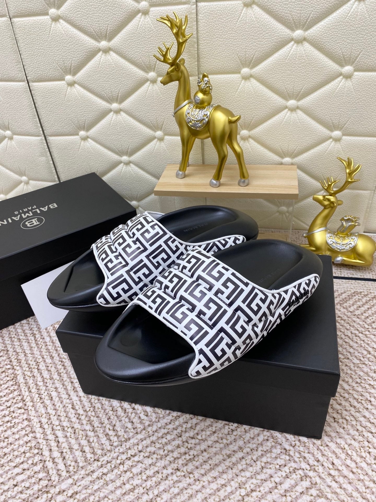 BALMAIN 25S BALMAIN MULES IN BLACK AND WHITE CALFSKIN