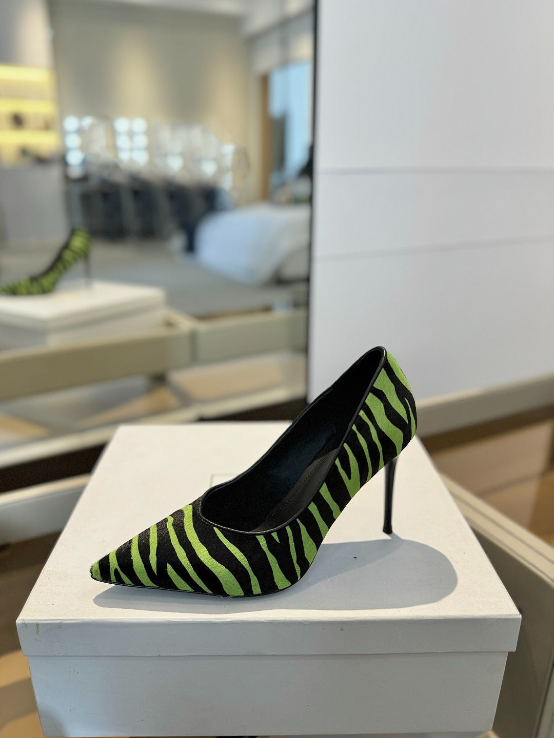 BALMAIN 25S HIGH HEELS 95MM IN GREEN AND BLACK ZEBRA PRINT CALFSKIN