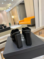 BALMAIN 25S WEDGE HEEL SANDALS 100MM IN BLACK CALFSKIN