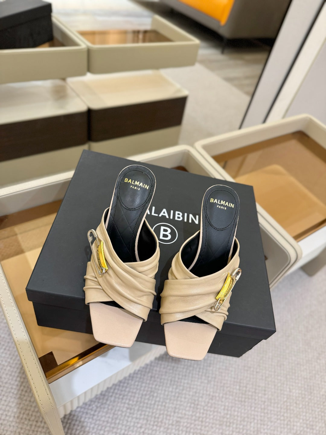 BALMAIN 25S HIGH HEEL SANDALS 95MM IN BEIGE CALFSKIN