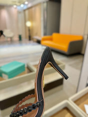 AQUAZZURA 26S TEQUILA HEELED SANDALS 85 MM IN BLACK LAMBSKIN