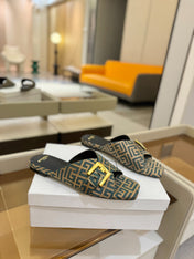 BALMAIN 26S SANDALS IN LIGHT BROWN AND TEAL GRAY CANVAS