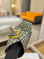 BALMAIN 26S SANDALS IN LIGHT BROWN AND TEAL GRAY CANVAS