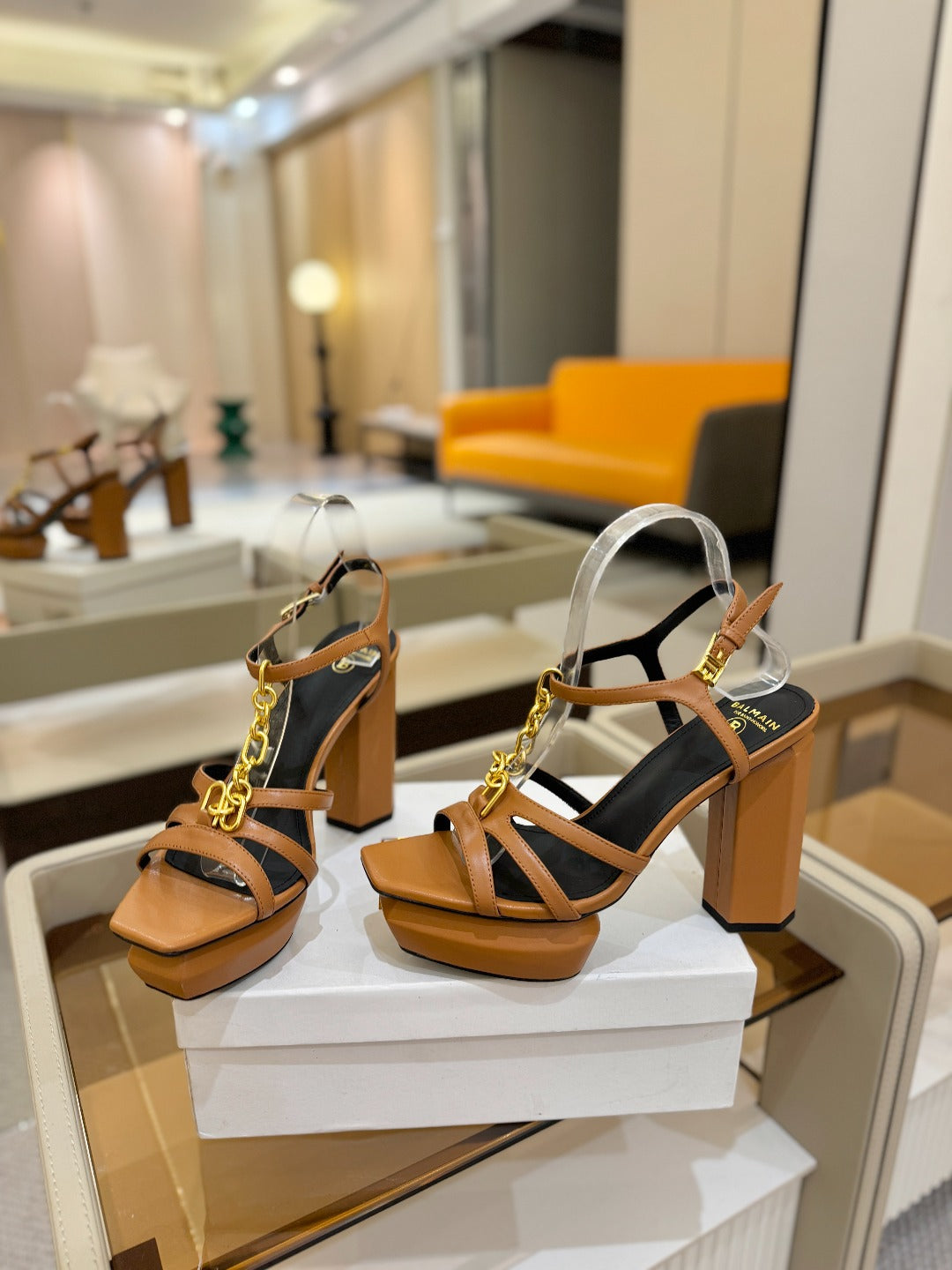 BALMAIN 26S HEELED SANDALS 105 MM IN BROWN LAMBSKIN