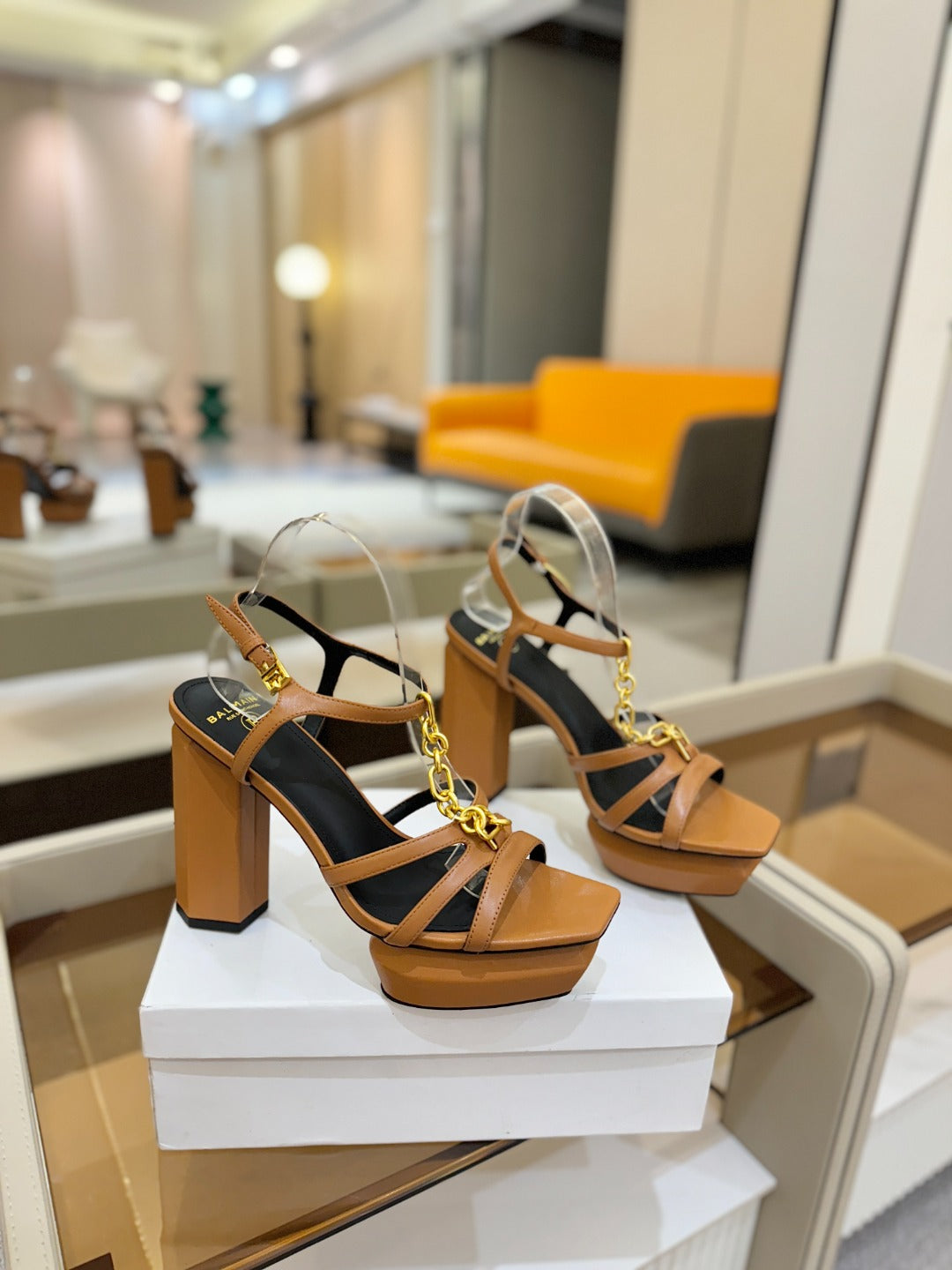 BALMAIN 26S HEELED SANDALS 105 MM IN BROWN LAMBSKIN