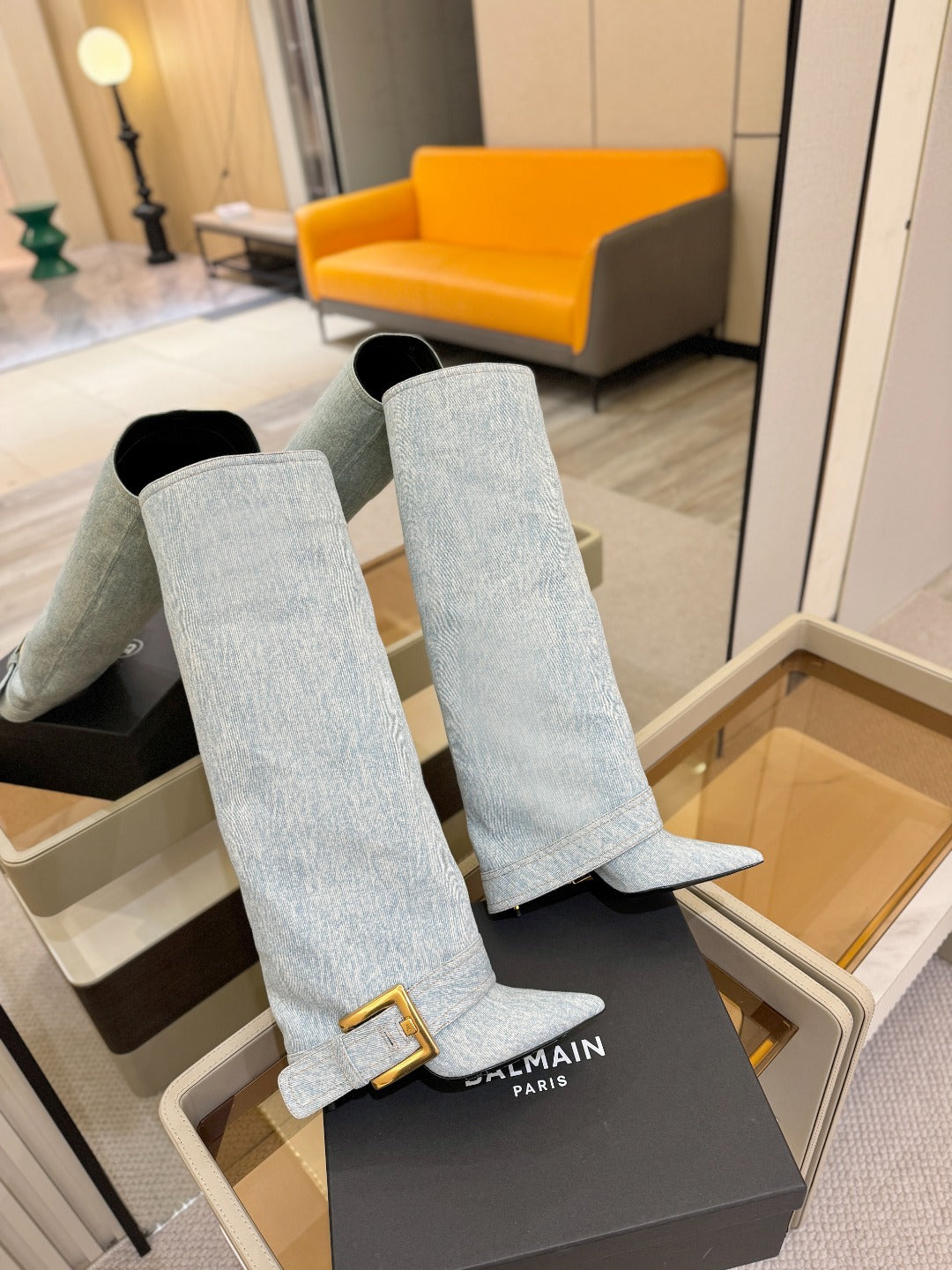 BALMAIN 26S KNEE-HIGH BOOTS 100 MM IN LIGHT BLUE DENIM