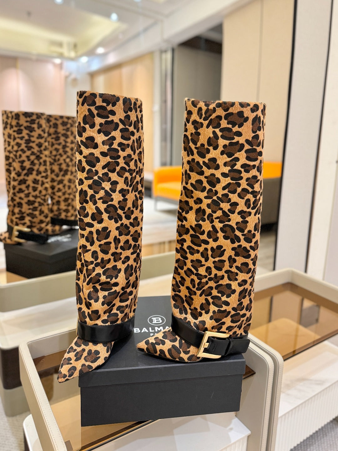 BALMAIN 26S KNEE-HIGH BOOTS 100 MM IN LEOPARD PRINT PONY HAIR