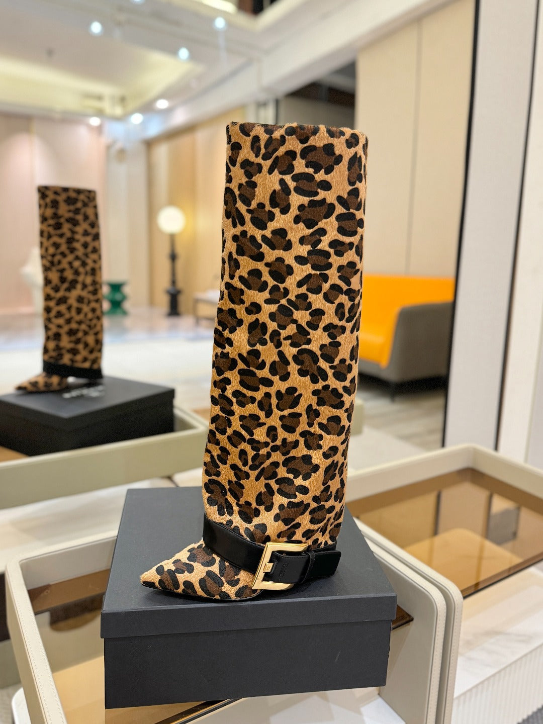 BALMAIN 26S KNEE-HIGH BOOTS 100 MM IN LEOPARD PRINT PONY HAIR