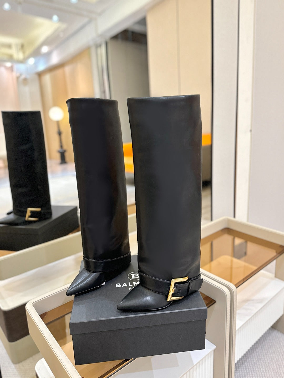 BALMAIN 26S KNEE-HIGH BOOTS 100 MM IN BLACK CALFSKIN