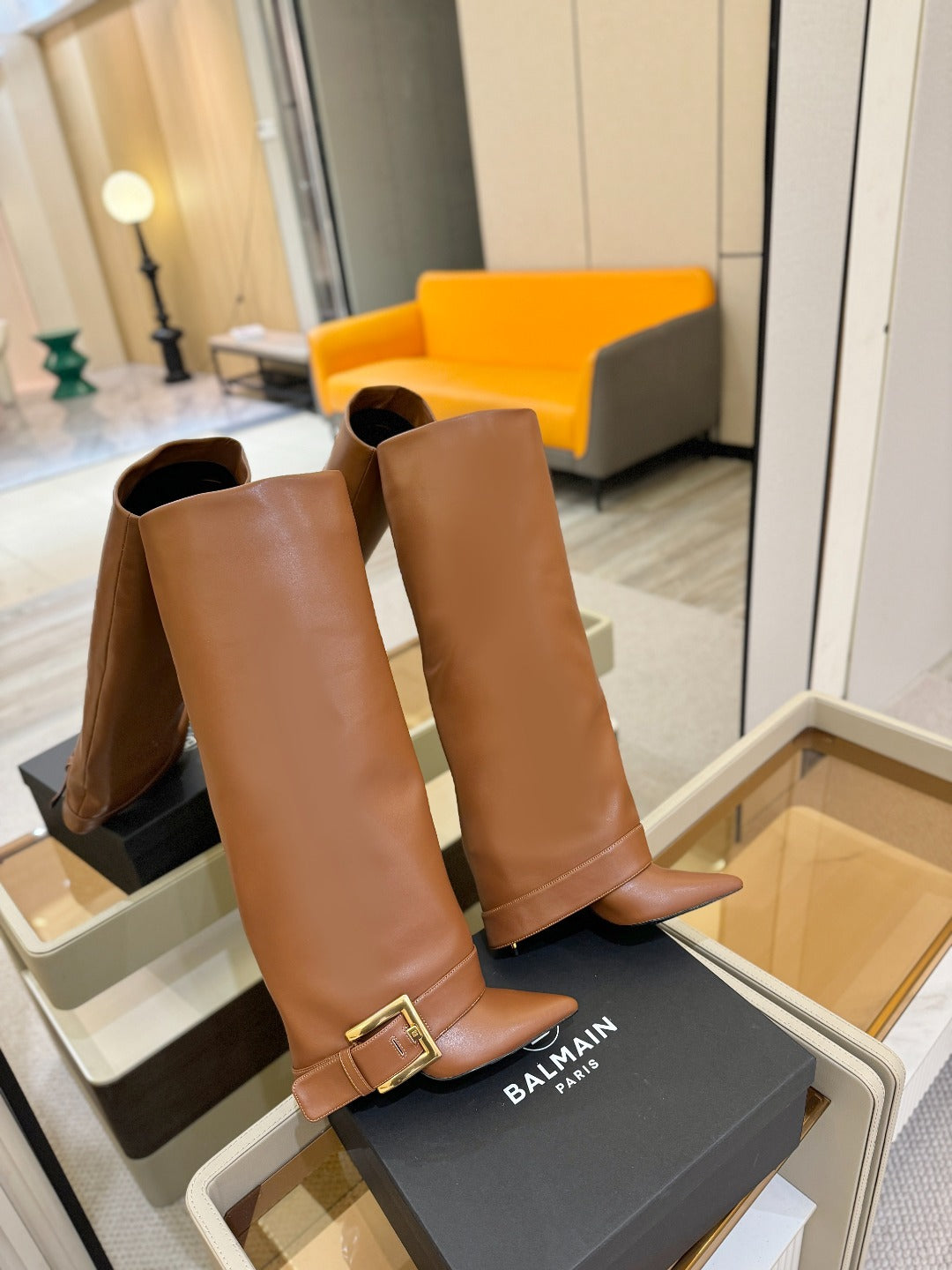 BALMAIN 26S KNEE-HIGH BOOTS 100 MM IN BROWN CALFSKIN