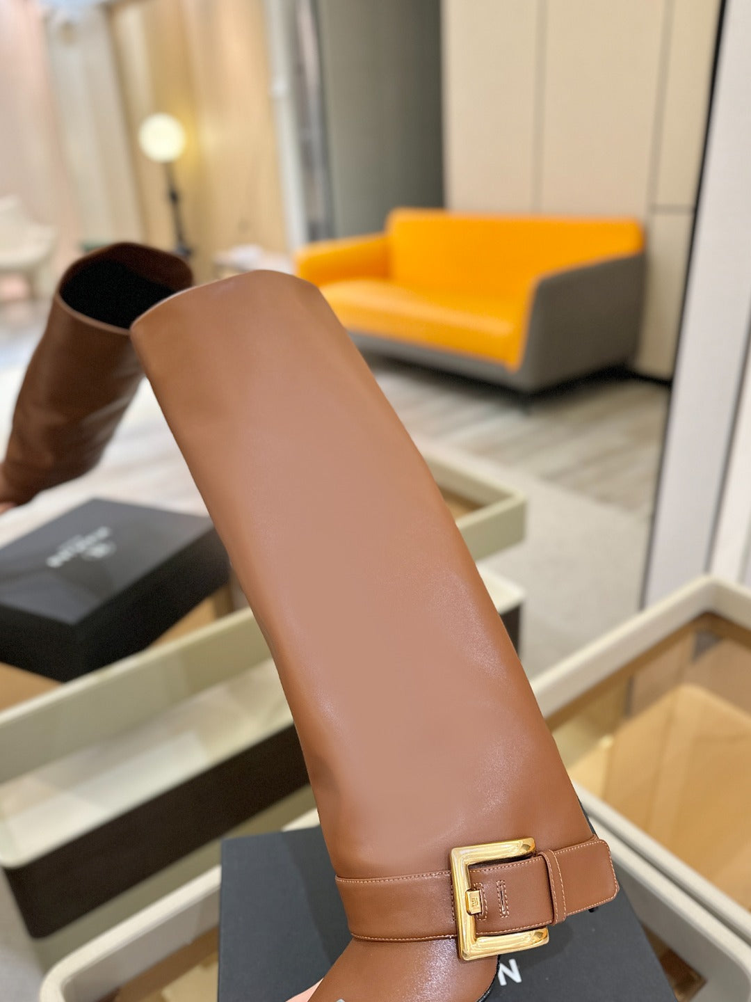 BALMAIN 26S KNEE-HIGH BOOTS 100 MM IN BROWN CALFSKIN