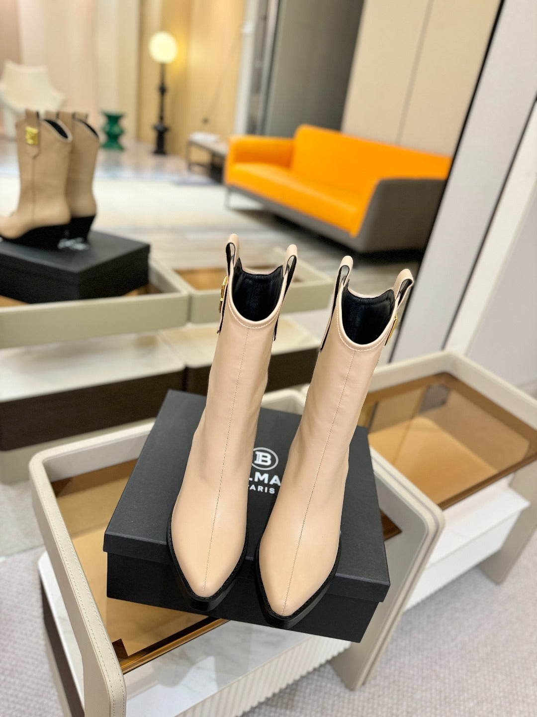 BALMAIN 26S COWBOY ANKLE BOOTS 65 MM IN BEIGE CALFSKIN