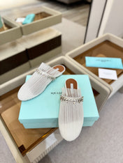 AQUAZZURA 26S FLAT MULES IN WHITE MESH CRYSTAL EMBELLISHMENTS