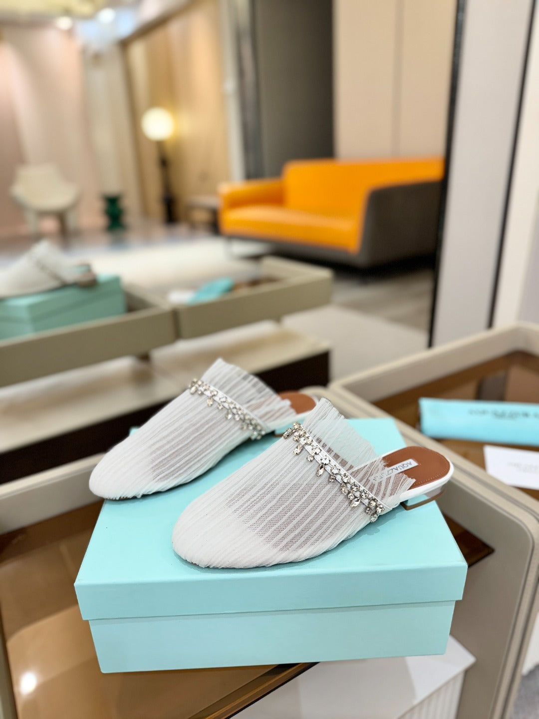 AQUAZZURA 26S FLAT MULES IN WHITE MESH CRYSTAL EMBELLISHMENTS