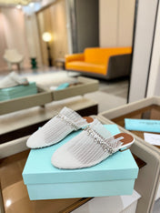 AQUAZZURA 26S FLAT MULES IN WHITE MESH CRYSTAL EMBELLISHMENTS