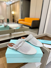 AQUAZZURA 26S FLAT MULES IN WHITE MESH CRYSTAL EMBELLISHMENTS
