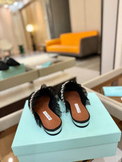 AQUAZZURA 26S FLAT MULES IN BLACK MESH CRYSTAL EMBELLISHMENTS