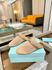 AQUAZZURA 26S FLAT MULES IN BEIGE MESH CRYSTAL EMBELLISHMENTS
