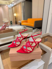 GIANVITO ROSSI 26S CROSS STRAP HEELS 85 MM IN RED SUEDE