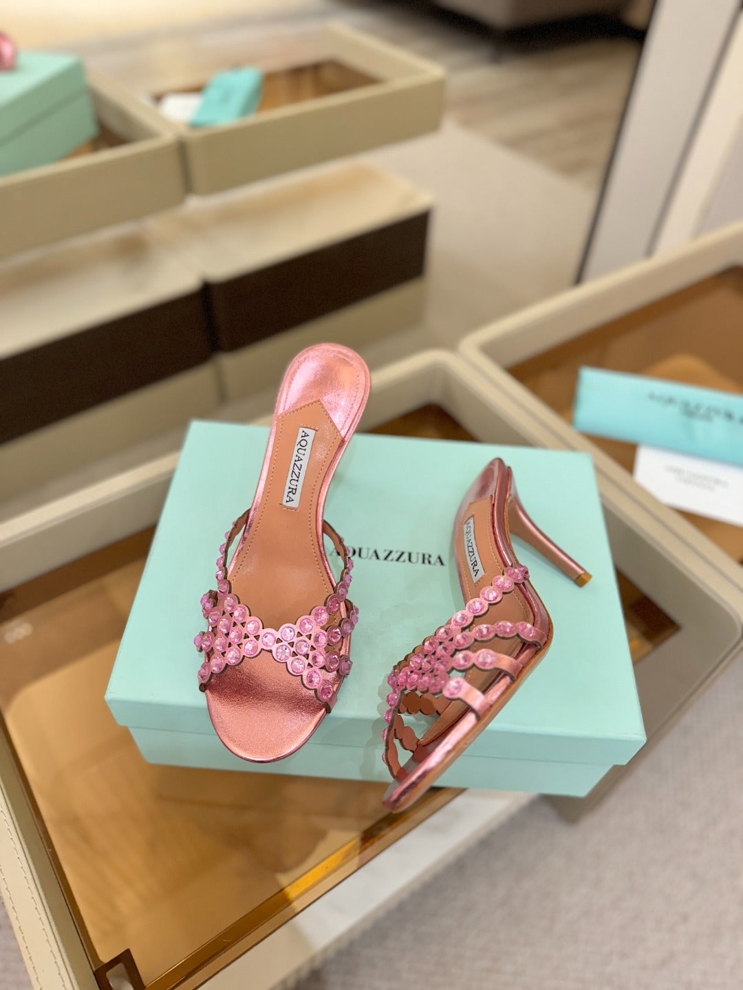 AQUAZZURA 26S TEQUILA HEELED SANDALS 85 MM IN METALLIC PINK LAMBSKIN