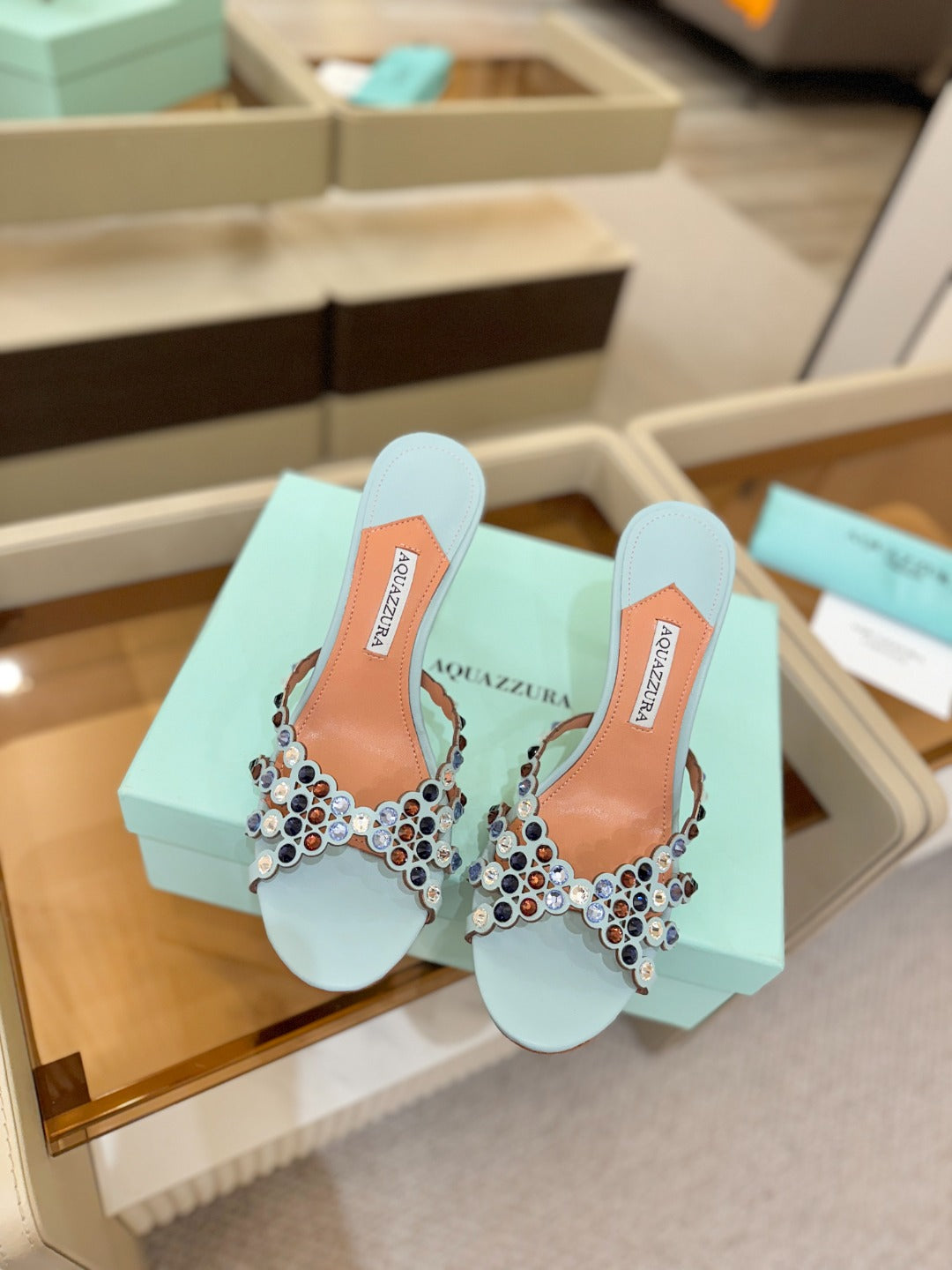 AQUAZZURA 26S TEQUILA HEELED SANDALS 85 MM IN LIGHT BLUE LAMBSKIN