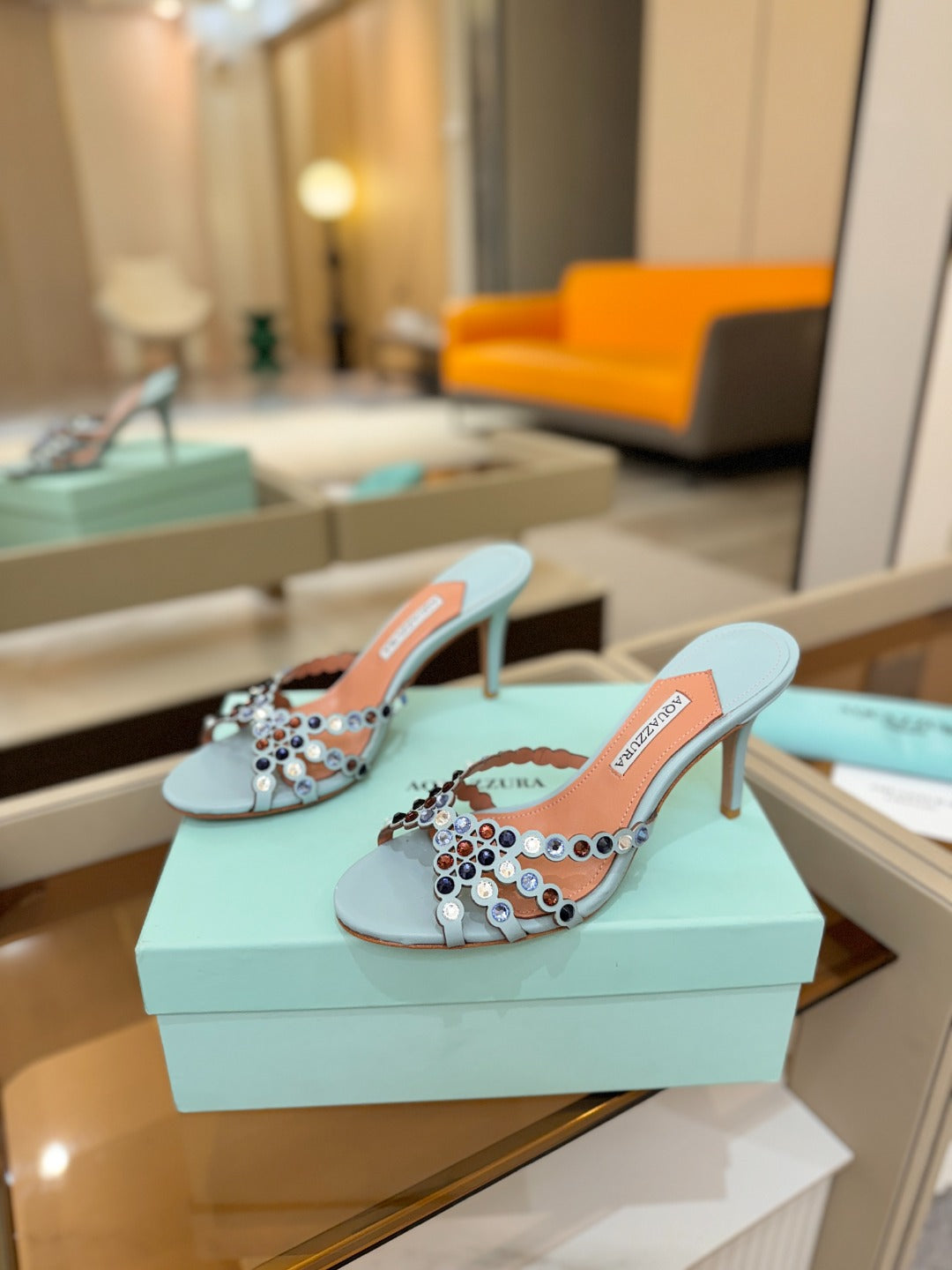 AQUAZZURA 26S TEQUILA HEELED SANDALS 85 MM IN LIGHT BLUE LAMBSKIN
