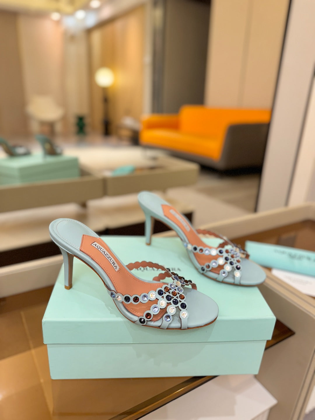AQUAZZURA 26S TEQUILA HEELED SANDALS 85 MM IN LIGHT BLUE LAMBSKIN