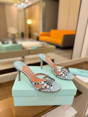AQUAZZURA 26S TEQUILA HEELED SANDALS 85 MM IN LIGHT BLUE LAMBSKIN